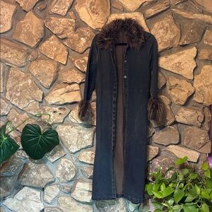 Vintage Stretchy penny lane style jean trench coat lightweight w/ faux fur trim